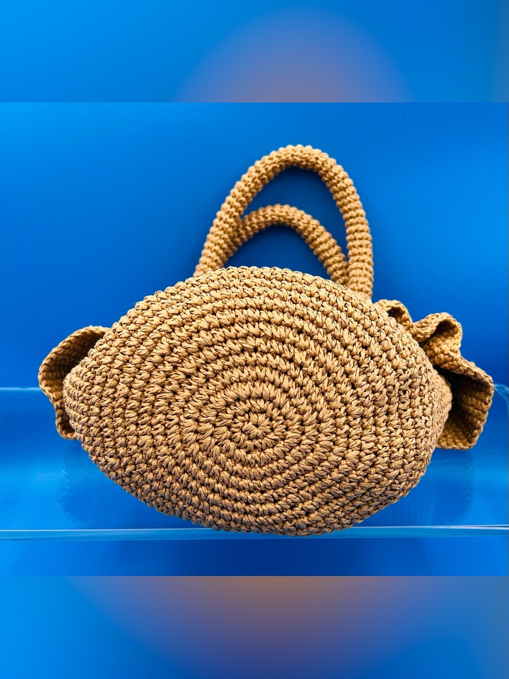 Haute Hippie Raffia Double Handle Bag with Ruffled Rim, Camel Tan, NWT - Picture 4 of 8